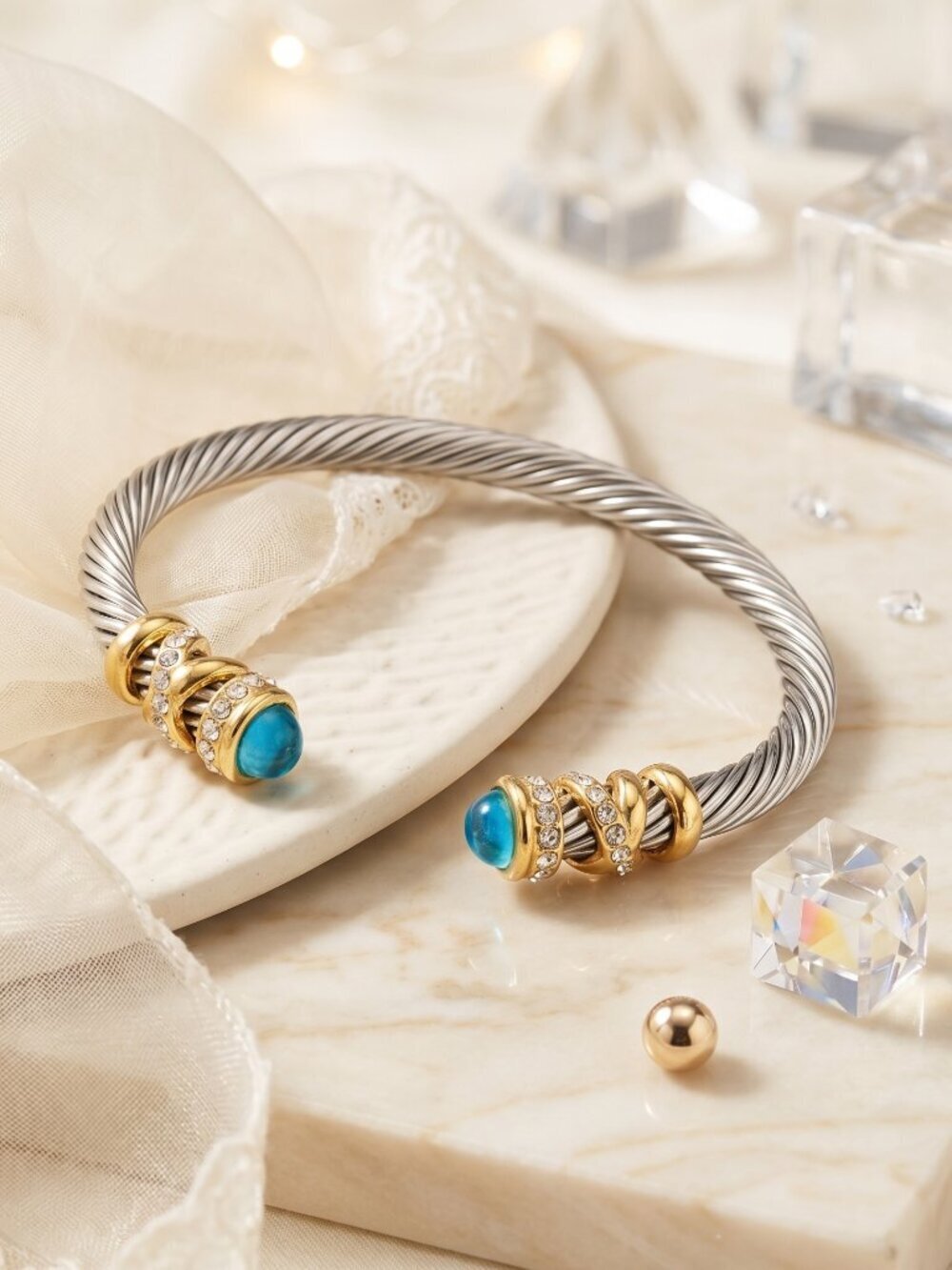 Two-Tone 18K Gold Plated Cable Cuff Mixed Metals Bracelet Turquoise Crystals - Picture 5 of 12